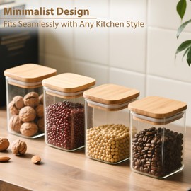 37oz(1.2Qt) Square Glass Storage Containers with Bamboo Lids – 4 Pack Clear Food Airtight Glass Jars for Pantry Organizers and Storage, Kitchen Dry Food, Coffee, Sugar, Flour, Snacks, Spices