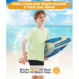Zoofly Pack of 3 Boys' Short-Sleeved Rash Guard Shirt with UPF 50+ Protection, Children's UV Swimming Shirt, Quick-Drying, White/Yellow/Blue