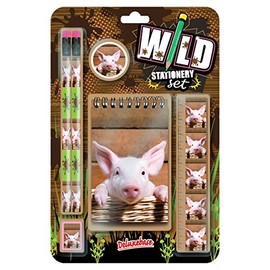 Deluxebase Wild Stationery Set - Pig These fun school supplies kits include 2 pencils, eraser, sharpener, ruler and notebook, stationery set
