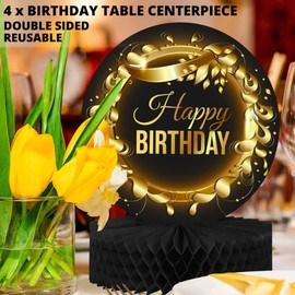 Happy Birthday Table Decoration Centerpieces (4 Pack, Black & Rose Gold), Double-Sided Happy Birthday Centerpieces for Tables, Party Supplies for Elegant Birthday Decorations by PixiPy