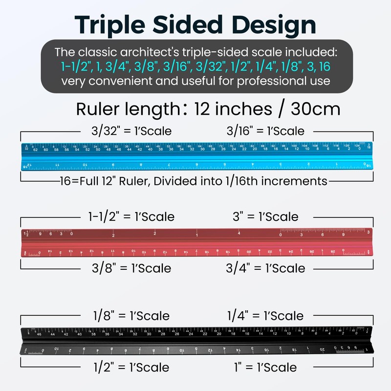 THLHKD Architectural Scale Ruler 12-Inches: with 12" Stainless Steel Ruler,