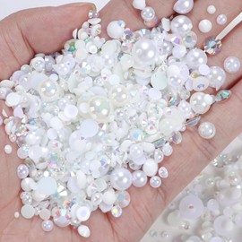 AB-Color White Resin Rhinestones and Nail Art Pearls Bulk, Resin Rhinestones and Half Pearl for Bedazzling Gems, Mix Sizes Pearls for Crafting Nails Face Eyes Makeup Body DIY Decor Crafts