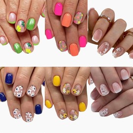 6 Packs (144 Pcs) Flower Press on Nails Short Square Fake Nails Floral False Nails with Designs Spring Summer Glue on Nails Full Cover Glossy Acrylic Stick on Nail for Women Girls Manicure