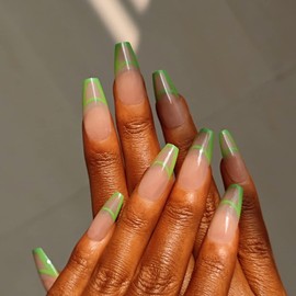 Fantasticlady Stylish French Green Lines Coffin Long Press on Nails,False Nails,Glue on Nails,Acrylic Press on Nails,Fake Nails,Nails Glue on,Long Nails Press on,Press on Acrylic Nails for Women.