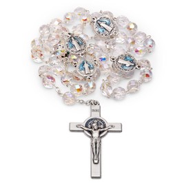 Mondo Cattolico Rosary Beads catholic for Women and Men Blessed During Pope's Angelus, Saint Benedict Faceted Crystal Five Decades Beads Traditional Rosary - Perfect Catholic gifts