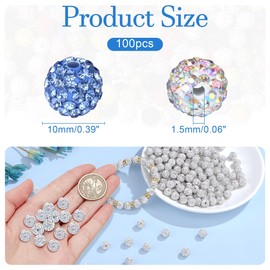 QINJIEJIE 100pcs 10mm Rhinestone Beads for Jewelry Making, 15 Mixed Colors Sparkle Clay Baseball Beads, Shamballa Diamond Beads Bulk, Disco Ball Beads for Pens Bracelet Earring Baseball Necklace