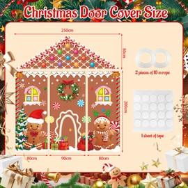 4PCS Christmas Gingerbread Door Cover Decorations,Large Gingerbread House Decor Backdrop,Xmas Front Door Hanging Banners Porch Sign Kit for Merry Chrictmas Holiday Party Home Outdoor Classroom Office