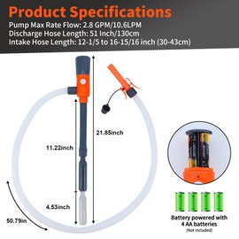 Fuel Transfer Pump with Auto-Stop Sensor, 2.8 GPM Gas Can Pump with Extendable Intake Pipe and 51 Inch Discharge Hose, Portable Battery Powered Liquid Siphon Pump for Oil, Gasoline, Diesel