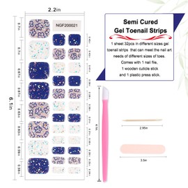 WOKOTO Semi Cured Gel Nail Strips For Toenails, 16 Size 32 Tips Blue Flower Glitter Toe Nail Polish Strips With Nail File & Wooden Stick, Works With Lamps, Salon-Quality, Long Lasting, Easy To Use