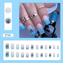 Vezocim Press on Nails Coffin Medium Length, 24Pcs Blue Glitter Artificial Fake Nails with Butterfly and Rhinestone Designs, Glossy Full Cover Acrylic Square False Nails with Glue for Women