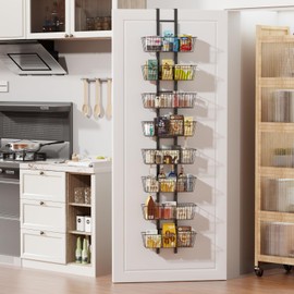 8-Tier Over the Door Organizer with Baskets - Metal Spice Rack Hanging Storage Rack for Pantry, Kitchen, Spices & Laundry, Adjustable Shelves, Heavy Duty Hanging Storage Organizer Door Mount, Black