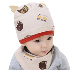 Cute Baby Hat and Scarf Set Cotton Kids Toddler Beanie Hat Infant Newborn Hat Cat Print Skull Hat Cap and Neckerchief Bibs Neck Scarf Wrap Baby Gift for 0-6-12 Months Boys Girls