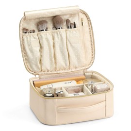 Vlando Travel Makeup Bag Cosmetic Case Organizer,Large Capacity Portable Makeup Bag with Adjustable Dividers for Cosmetics Makeup Brushes, Gift for Girls Women,White