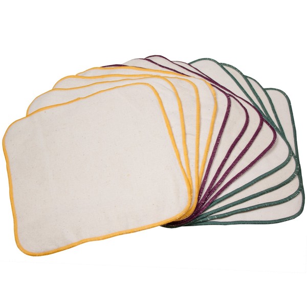 OsoCozy Terry Flannel Baby Wipes. Two Layered. Terry Velour on a Flannel Backing. Unbleached Ivory Color, 100% Cotton. 3 Attractive Stitching Colors Per Pack - 12 per Pack.