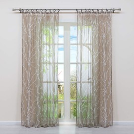 HongYa 1 x Transparent Curtain with Ruffle Tape, Voile Curtain, Window Curtain, Branches Pattern, H/W 145/140 cm, Sand