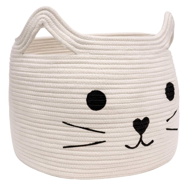 HiChen Large Woven Cotton Rope Storage Basket, Laundry Basket Organizer for Towels, Blanket, Toys, Clothes, Gifts | Pet Gift Basket for Cat, Dog - 15.7" L×11.8" H
