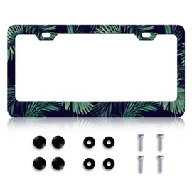 LIN KANG Dark Tropical Leaves License Plate Frame Green Palm Tree License Plate Holder Universal Stainless Steel Auto Parts Rust-Proof Waterproof Car Decorative Tag Frame for Standard US 12x6 Inch