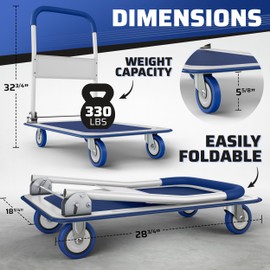 Heavy Duty Foldable Push Cart Dolly | 330 lbs. Capacity | Upgraded Collapsible Hand Truck Folding Platform with Swivel Wheels | Flat Bed Moving Wagon | Space Saving Push Handle (Blue)