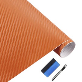 LZLRUN 3D Carbon Fiber Vinyl Wrap Roll with Air Release Bubble Free Adhesive Film - Come with Knife + Hand Tool (Orange, 1FT x 5FT)