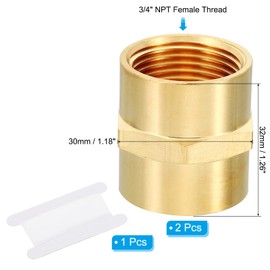 PATIKIL Brass Pipe Fittings Coupler, 2Pcs 3/4" x 3/4" NPT NPT Female Thread Brass Hex Nipple Coupling Reducer Adapter Tubing Connector Adaptor with PTFE Tape for Water, Air, Oil, Gas Line