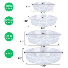 24Pack Clear Plastic Plant Saucers, Flower Pot Drip Trays, Plant Trays for Indoors, Outdoors - Collects Flower Pot Drainage and Excess Water - 6, 8, 10, 12 Inch