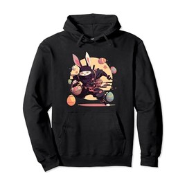 Colorful Easter Eggs Hunt Ninja Cat With Bunny Ears for Kids Pullover Hoodie