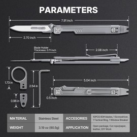 edcfans Pocket Knife for Men, Slim EDC Folding Scalpel Knife with 10pcs #60 Replaceable Razor Blades, Clip, Pry Tools, Window Breaker, Liner Lock, Tactical Knives, Gadgets for Men Camping Survival