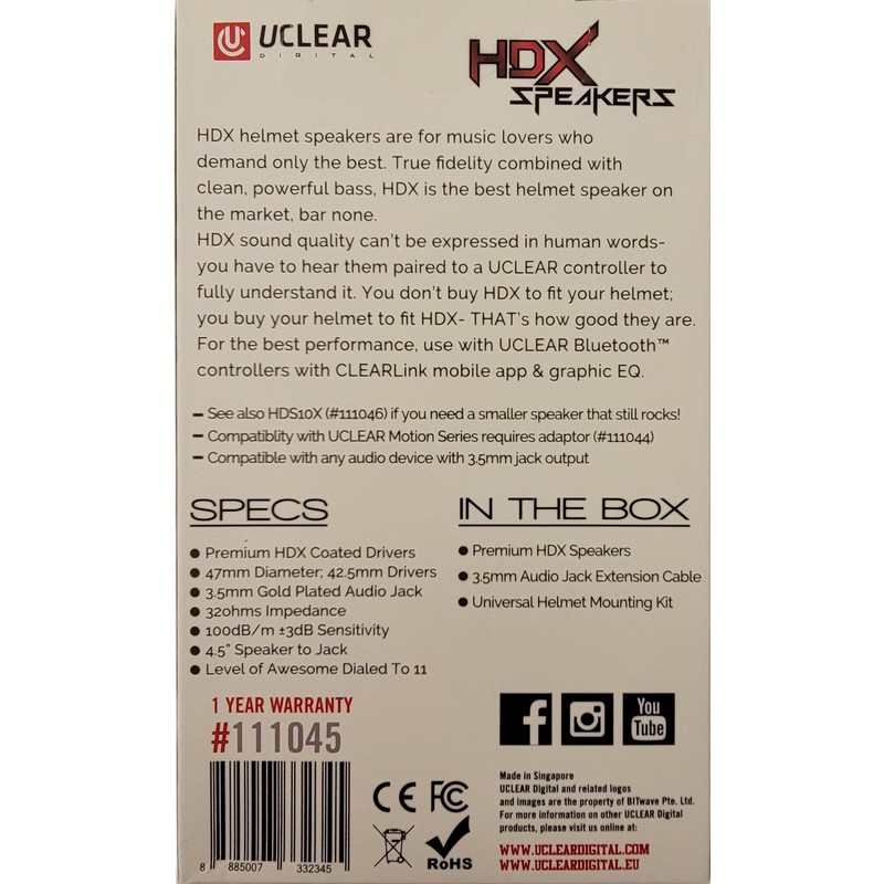 UClear Digital HDX 47mm Diameter Helmet Speaker Set 3.5mm Jack