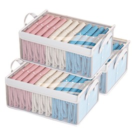 wintfarm 3pcs wardrobe storage organiser,clear foldable storage boxes with Steel Frame,wardrobe storage organiser with lid,storage cubes for jeans pants shirts leggings sweaters (3 pcs with lid)