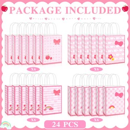 HIYZI 24 PCS Pink Kitty Themed Party Paper Bag Set Cute Cat Gift Bags Pink Bow Dot Flower Rainbow Candy Treat Bags Birthday Goodie Bags for Baby Shower Party Decoration Supplies