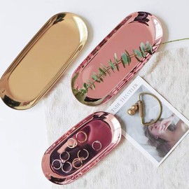 lemonadeus Oval Tray Jewelry Tray Towel Dish Food Fruit Tray Cosmetics Accessory Earrings Storage Multi-uses Decor Tray (Rosegold tray(Set of 2))