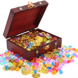 RNHDLY Pirate Treasure Chest Children's Birthday, Gold Taler Pirate Treasure with 100 Gold Coins, 100 Fake Gemstones and 1 Treasure Chest for Pirate Party, Treasure Hunt Children's Birthday