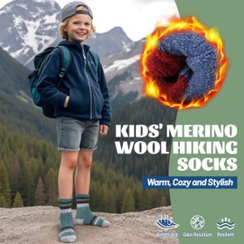 MOSEY KOSY 6 Pairs Children's Merino Wool Hiking Socks Boys Girls Toddlers Winter Thermal Thick Warm Lined Crew Boat Socks for Hiking, Simple stripes