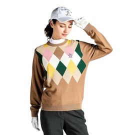 Munsing Wear MG4FST80L Women's Crew Neck Argyle Pattern, Handwash, Stylish, Golf Sweater,, BW00 (Brown)
