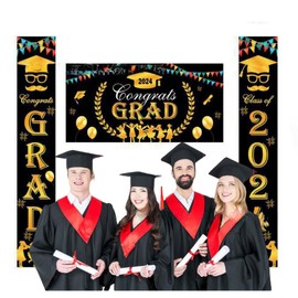 2024 Graduation Party Decorations，3 Pieces Graduation Banners Party Backdrop Door Sign Welcome Hanging Decoration for Photo Party Wall Decoration Door Yard (black)