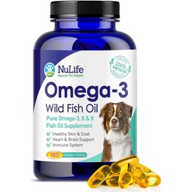 Pure Omega 3 Fish Oil for Dogs, Wild Caught from Iceland, Skin and Coat Supplement for Shedding, Dry Itchy Skin and Allergies, Rich in EPA + DHA with Omega 3, 6 & 9 Fatty Acids, 1000mg, 180 Capsules
