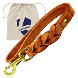 Leatherow Leather Short Dog Leash 15 Inch - Short Dog Traffic Lead For Large Dogs Training And Walking - Braided Leather Dog Tab For Large Dogs - Full Grain Heavy Duty Leather (Tan)