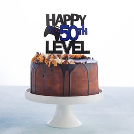Decoración para tartas de video juego para decoración de cumpleaños de nivel 50 feliz – Decoración para tartas de video cumpleaños 50 con purpurina – Nivel de jugador 50 desbloqueado para fiestas de cumpleaños