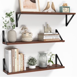 Heimlove Floating Shelves for Wall, 24 Inch Long Wood Floating Shelves Set of 3, Wall Mounted Hanging Shelf for Bathroom Bedroom Kitchen, Walnut