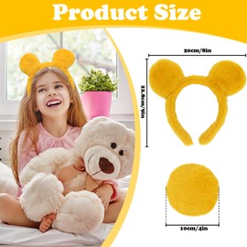 Timisea Yellow Bear Ears Headband Adult,Yellow Bear Ears Headband And Tail for Winter and Christmas,4 Pcs Bear Ears Headband and 4 Pcs Tail Set