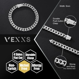 VEXXS Cuban Link Bracelet Flat Cut,5mm 7mm Men’s Chain Bracelet Men’s Jewelry