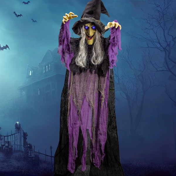 JOYIN 72” Hanging Witch Decoration with Light-up Eyes and Sound Activation Function Animated Talking Witch for Halloween Decorations Haunted House Prop Décor, Halloween Hanging Decorations, Outdoor/In