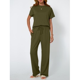 AUTOMET Womens 2 Two Piece Lounge Set 2025 Summer Outfits Clothes Vacation Beach Spring Fashion Short Sleeve Pants Matching Loungewear Travel Airport Resort Wear Sweatsuit Sweat Suit