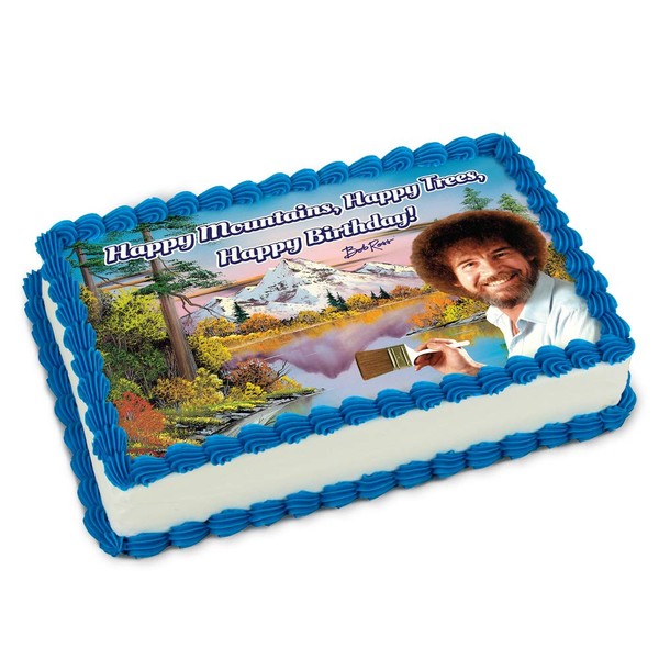 Official Bob Ross "Happy Mountains, Happy Trees, Happy Birthday!" Edible Printed Cake Image Topper made of Quality Icing Paper designed to fit 1/4 Sheet Cake.