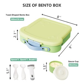 SAYAPE Bento Lunch Box - Toast-Shaped 4-Compartment Lunchable Food Container with Sauce Cup, Utensils & Brush, BPA-Free, Reusable Snack Container with lid, Ideal for Travel - Yellow