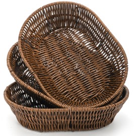 ZAVOOS 3 Pack Wicker Bread Basket, 11 Inch Woven Oval Food Baskets for Serving, Tabletop Stackable Pantry Organizer Bin for Home Kitchen, Restaurant, Bakery, Fruit Vegetable Storage, Brown