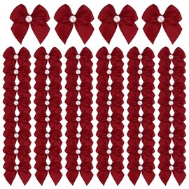 Meseey 60pcs Mini Satin Ribbon Bows with Pearl Ribbon Flowers Appliques DIY Craft for Sewing, Scrapbooking, Wedding, Gift,Christmas Decoration (Burgundy)