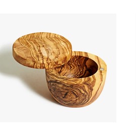 Natural Olive Wood European Professional Round Covered Salt Cellar with Magnetic Swivel Lid