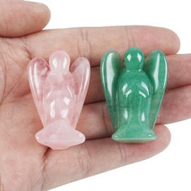 Lovionus89 Mini Crystal Angel, 2 Pieces Bag Carved Gemstone Guardian Figures Healing Statue Home Decor 1.5 Inches, Rose Quartz + Green Aventurine