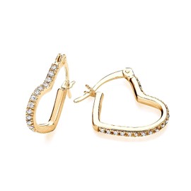Old English Jewellers 9ct Yellow Gold on 925 Sterling Silver Cubic Zirconia Heart Shaped Hinged Hoop Huggie Earrings Ladies Girls - Womens Everyday Love Jewellery - Simulated Diamond